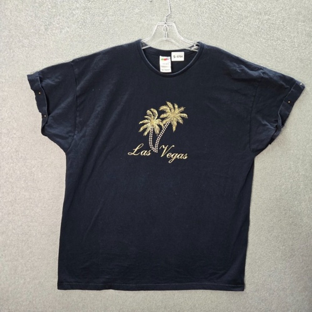 VINTAGE La Vegas Women Top 2XL Black Studded Cuffed Shirt Gold Detail